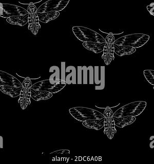 Schema continuo di farfalle. La testa della morte tira. Sfondo vettoriale. Stile disegnato a mano. Illustrazione Vettoriale