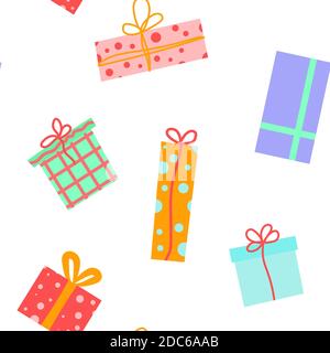 Modello senza cuciture di confezioni regalo. Sfondo cartoon vettoriale. Design piatto. Illustrazione Vettoriale