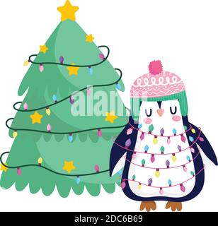 buon natale, pinguino con luci aggrovigliate e icona celebrazione albero immagine vettore di isolamento Illustrazione Vettoriale