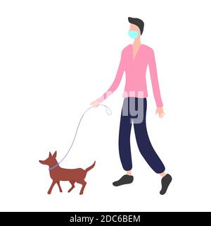 Un uomo in una maschera protettiva cammina con un cane. Illustrazione vettoriale. Isolato. Design piatto. Illustrazione Vettoriale
