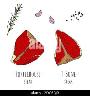Bistecca di pesce e bistecca di Porterhouse. Illustrazioni cartoni animati vettoriali. Oggetti isolati su sfondo bianco. Stile disegnato a mano. Illustrazione Vettoriale