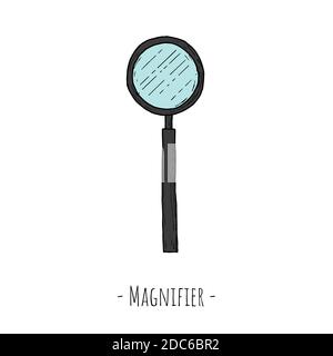 Lente di ingrandimento. Vista dall'alto. Illustrazione di cartoni animati vettoriali. Oggetto isolato su sfondo bianco. Stile disegnato a mano. Illustrazione Vettoriale