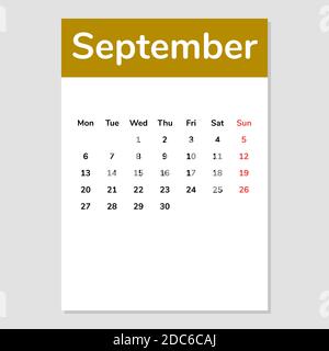 Foglio del calendario di settembre 2021. Illustrazione vettoriale. Illustrazione Vettoriale