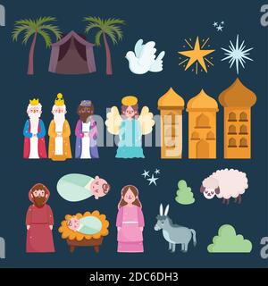 le icone del set di cartoni animati della presepe includono l'angelo del bambino mary joseph e più illustrazione vettoriale Illustrazione Vettoriale