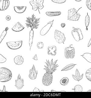 Motivo senza cuciture di frutta e verdura. Sfondo cartoon vettoriale. Stile disegnato a mano. Illustrazione Vettoriale