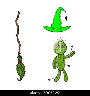 Serie di illustrazioni di Halloween. Icone di cartoni animati vettoriali. Oggetti isolati su bianco. Illustrazione Vettoriale