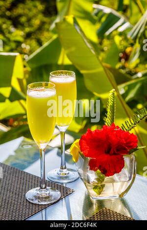 Un paio di cocktail tropicali frizzante serviti in due flute di champagne nell'Hare Uta Hotel (ex Hare noi Hotel) Easter Island (Rapa Nui), Cile Foto Stock