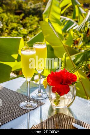 Un paio di cocktail tropicali frizzante serviti in due flute di champagne nell'Hare Uta Hotel (ex Hare noi Hotel) Easter Island (Rapa Nui), Cile Foto Stock