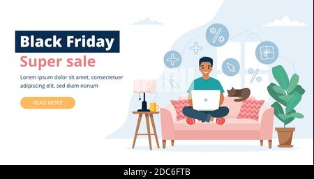 Banner del black friday con un uomo che tiene un computer portatile. Modello di illustrazione vettoriale Illustrazione Vettoriale