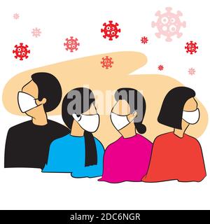 Coronavirus in Cina. Novel coronavirus (2019-nCoV), persone in maschera medica bianca. Concetto di illustrazione del vettore di quarantena del coronavirus. Foto Stock