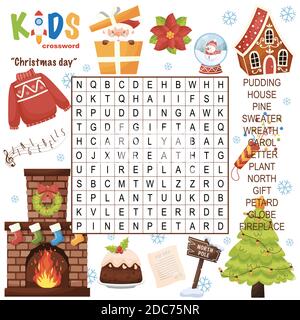 Facile ricerca parola crossword puzzle 'Natale giorno', per i bambini nella scuola elementare, primaria e media. Un modo divertente per esercitarsi nella comprensione del linguaggio A. Illustrazione Vettoriale
