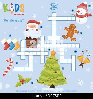 Facile crossword puzzle 'Natale giorno', per i bambini nelle scuole elementari, primarie e medie. Un modo divertente per esercitarsi nella comprensione del linguaggio ed espandere vo Illustrazione Vettoriale