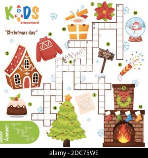 Facile crossword puzzle 'Natale giorno', per i bambini nelle scuole elementari, primarie e medie. Un modo divertente per esercitarsi nella comprensione del linguaggio ed espandere vo Illustrazione Vettoriale