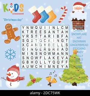 Facile ricerca parola crossword puzzle 'Natale giorno', per i bambini nella scuola elementare, primaria e media. Un modo divertente per esercitarsi nella comprensione del linguaggio A. Illustrazione Vettoriale