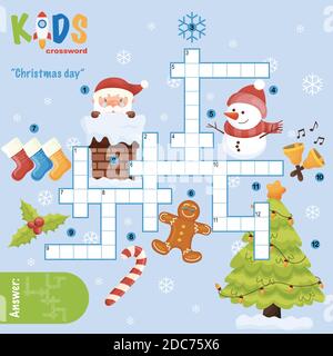 Facile crossword puzzle 'Natale giorno', per i bambini nelle scuole elementari, primarie e medie. Un modo divertente per esercitarsi nella comprensione del linguaggio ed espandere vo Illustrazione Vettoriale