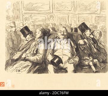 Etienne, (artista), francese, attivo 19 ° secolo, Honoré Daumier, (artista dopo), francese, 1808 - 1879, Exposition des Beaux-Arts - dans le salon carre - un Instant de repos, H. Daumier, tirage unique de trente-Six bois, (serie), 1868, incisione in legno Foto Stock