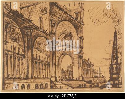 Giovanni Battista Piranesi, (artista), Venetian, 1720 - 1778, Fantasy su una magnifica Artch Triumphal, 1765, penna e inchiostro marrone, intensificato con penna a canna e inchiostro marrone, un po' di lavaggio marrone (posato sulla scheda del XVIII secolo), totale: 46.3 x 63.1 cm (18 1/4 x 24 13/16 pollici) Foto Stock