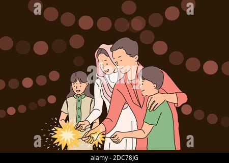 Diwali o Deepawali festival concetto. Famiglia indiana che celebra il festival di Diwali con i firecrackers. Vettore piatto semplice. Illustrazione Vettoriale