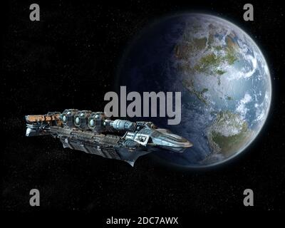 Astronave dettagliata in orbita vicino alla Terra per viaggi spaziali futuristici, videogiochi o sfondi fantascientifico. Gli elementi di questa illustrazione 3D sono Foto Stock