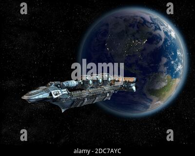 Astronave dettagliata in orbita vicino alla Terra per viaggi spaziali futuristici, videogiochi o sfondi fantascientifico. Gli elementi di questa illustrazione 3D sono Foto Stock