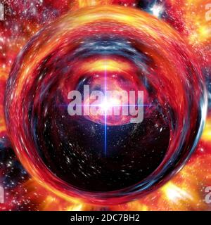 Rappresentazione 3D astratta di una formazione esotica di spazi profondi con universi rigonfianti all'interno di un wormhole, per fantascienza o carta da parati da viaggio interstellare Foto Stock