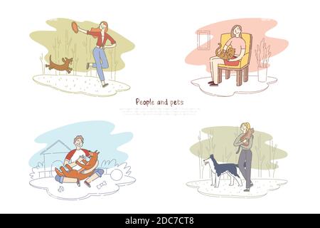 Persone e animali, uomo che cammina con il cane, donna che gioca con gatto, uomo e animali modello di amicizia banner. Cucciolo, gattino con cartone animato proprietario Illustrazione Vettoriale