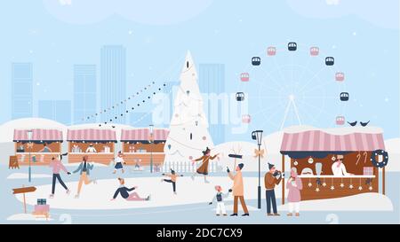 La gente celebra Natale inverno festa stagione in xmas mercato equo vettore illustrazione. I personaggi di Cartoon Man Woman si divertono, pattinano, camminano intorno all'albero di Natale, bevono bevande calde sullo sfondo Illustrazione Vettoriale