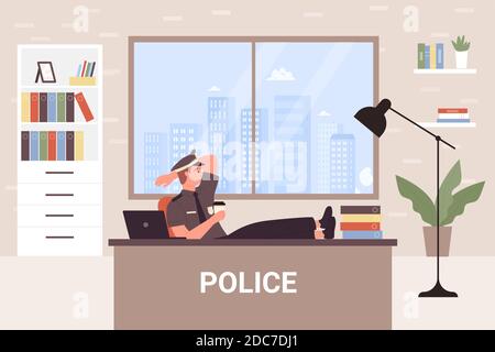 Illustrazione vettoriale del dipartimento di polizia. Poliziotto detective poliziotto agente di Cartoon personaggio seduto alla scrivania e di riposo, pausa caffè durante il lavoro nella stazione di polizia sfondo interno della stanza Illustrazione Vettoriale
