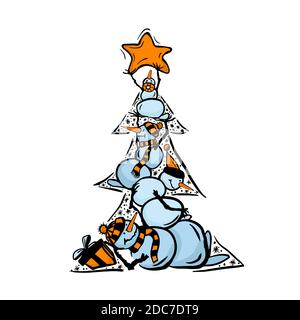 Buon Natale card. Albero di Natale fatto di pupazzi di neve. Illustrazione vettoriale Illustrazione Vettoriale