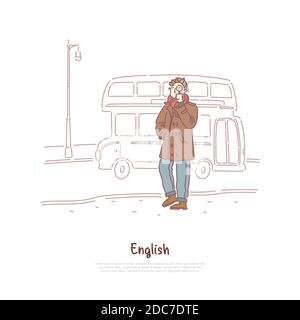 Giovane uomo in giacca, lente di ingrandimento detective holding, autobus a due piani, esplorazione della cultura inglese, viaggio a Londra banner. Vacanza in Gran Bretagna Illustrazione Vettoriale