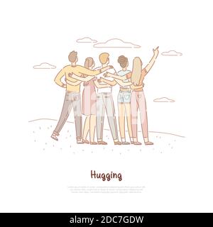 Maschio, femmina amici hugging vista posteriore, studenti al picnic, fratelli all'aperto, giovani uomini, donne insieme banner. Amicizia, affetto, relazione c Illustrazione Vettoriale