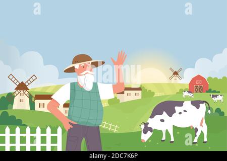 Coltivatore in paese agricolo paesaggio vettore illustrazione. Cartoon anziano personaggio uomo villager in piedi accanto al mulino a vento, casa o fienile e campagna agricoltura campo verde con mucche di fondo Illustrazione Vettoriale