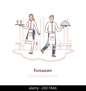 Il personale del ristorante ha un vassoio con pasti e bevande alcoliche, un cameriere allegro e una cameriera che serve striscioni. Servizio catering, consegna cibo e consegna conce Illustrazione Vettoriale