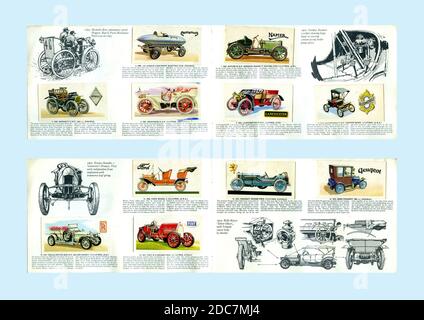 'History of the Motor Car' carte da collezione in album (Set completo del 50, 1968, ogni scheda 69mm x 37mm scansionato dimensione reale) pubblicato da Brooke Bond Tea Foto Stock