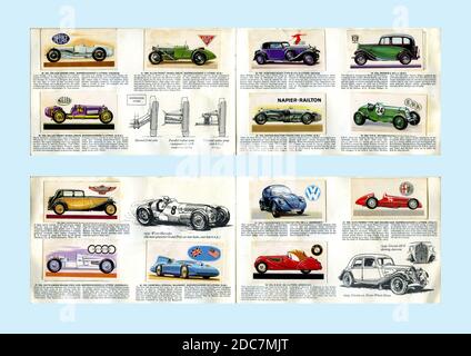 'History of the Motor Car' carte da collezione in album (Set completo del 50, 1968, ogni scheda 69mm x 37mm scansionato dimensione reale) pubblicato da Brooke Bond Tea Foto Stock