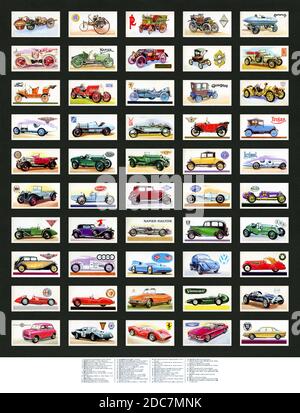 'Storia dell'automobile del motore' carte da collezione (serie completa di 50, 1968, ogni scheda 69mm x 37mm scansionata dimensione reale, ID alla base) rilasciato da Brooke Bond Tea Foto Stock