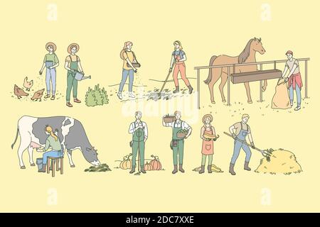 Agricoltura, vita rurale, allevamento, agricoltura set concetto. Gruppo di persone, uomini e donne agricoltori lavoratori agricoli in villaggio. Vita rurale. Semina p Illustrazione Vettoriale