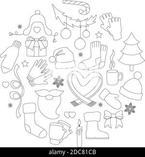 Il doodle invernale. Forma rotonda con elementi diversi. Illustrazione Vettoriale