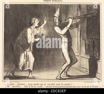 Honoré Daumier, (artista), Francese, 1808 - 1879, Adélaide...Adélaide...il me semble que je voi deja venir la comète !!..., Croquis Parisiens, (serie), pubblicato nel 1857, litografia su carta di wove, immagine: 20.8 x 26.5 cm (8 3/16 x 10 7/16 pollici), foglio: 26.8 x 34.6 cm (10 9/16 x 13 5/8 pollici) Foto Stock