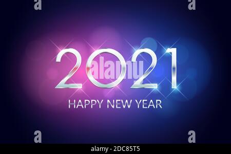 Silver Happy New Year 2020 con bokeh in blu neon e sfondo di colore viola Illustrazione Vettoriale
