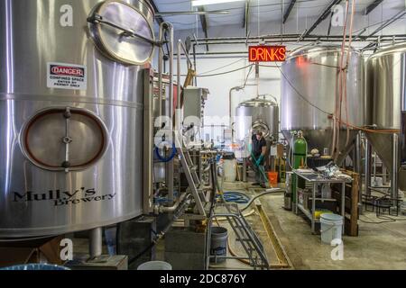 Fabbrica di birra con lavoratori che spazzano alla fabbrica di birra MullyÕs a Prince Frederick, Maryland. Foto Stock