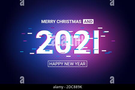 Felice anno nuovo 2021 con caricamento glitch font effetto in sfondo di colore chiaro al neon Illustrazione Vettoriale