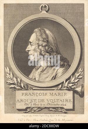 Augustin de Saint-Aubin, (artista), francese, 1736 - 1807, Jean-Baptiste Lemoyne II, (artista dopo), francese, 1704 - 1778, Francois Marie Arouet de Voltaire, incisione su incisione su carta deposta, piastra: 19.6 x 13.7 cm (7 11/16 x 5 3/8 pollici), foglio: 20.2 x 14.3 cm (7 15/16 x 5 5/8 pollici Foto Stock