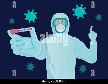 Medico in blu protettivo Costume e maschera di tenuta un positivo Risultato dell'analisi del sangue per il nuovo Coronavirus a rapida diffusione Illustrazione Vettoriale