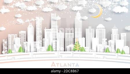 Atlanta Georgia City Skyline in stile Paper Cut con fiocchi di neve, Luna e Neon Garland. Illustrazione vettoriale. Natale e Capodanno. Illustrazione Vettoriale