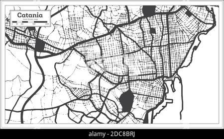 Catania Mappa della città in bianco e nero in stile retro. Mappa di contorno. Illustrazione vettoriale. Illustrazione Vettoriale