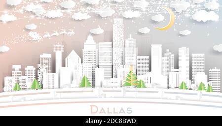Skyline di Dallas Texas City in stile Paper Cut con fiocchi di neve, Luna e Neon Garland. Illustrazione vettoriale. Natale e Capodanno. Illustrazione Vettoriale