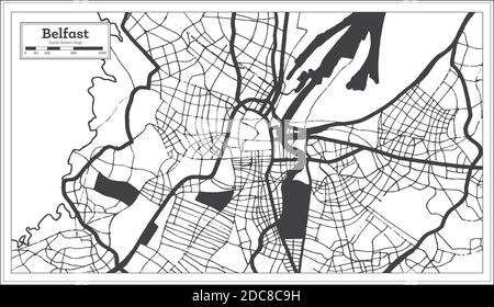 Mappa della città di Belfast in Gran Bretagna in bianco e nero in stile retro. Mappa di contorno. Illustrazione vettoriale. Illustrazione Vettoriale