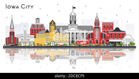 Iowa City Skyline con edifici colorati e riflessi isolati su sfondo bianco. Illustrazione vettoriale. Illustrazione Vettoriale