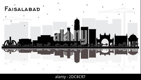 Faisalabad Pakistan City Skyline Silhouette con edifici neri e riflessi isolati su bianco. Illustrazione vettoriale. Illustrazione Vettoriale